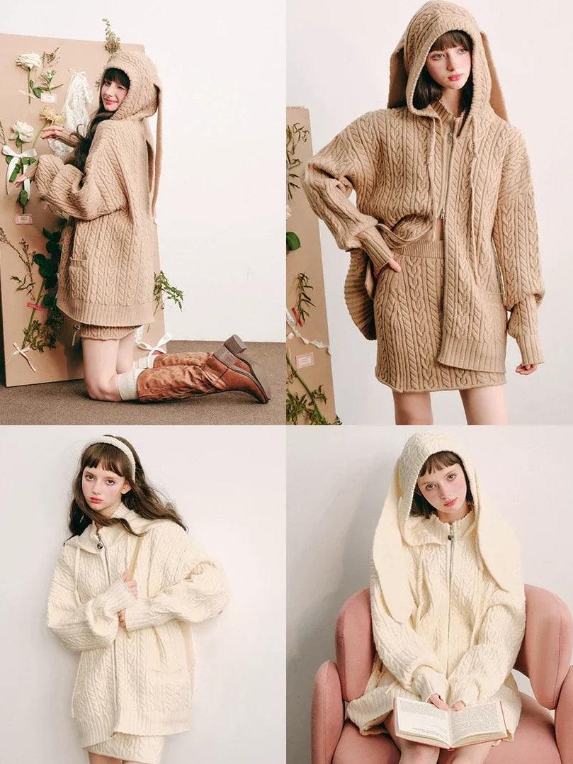 Bunny Hare Ear Hooded Zipper Knit Cardigan & Knit Skirt Setup