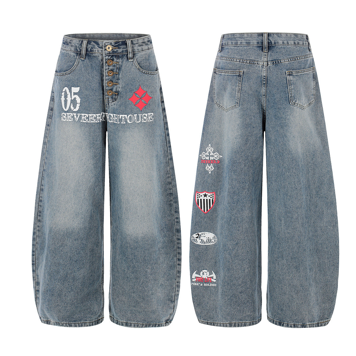 Button Fly Curved Wide Leg Denim Jeans