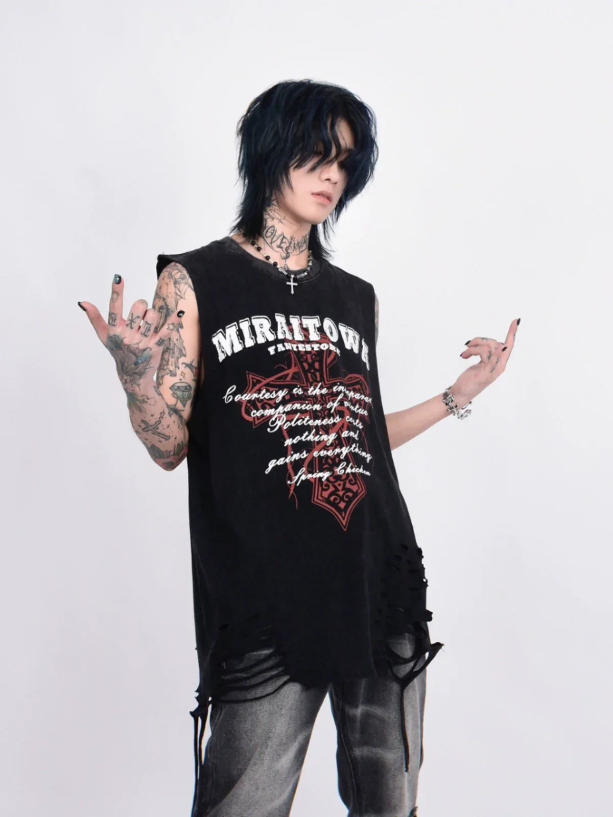 Damage Oversize Sleeveless Shirt