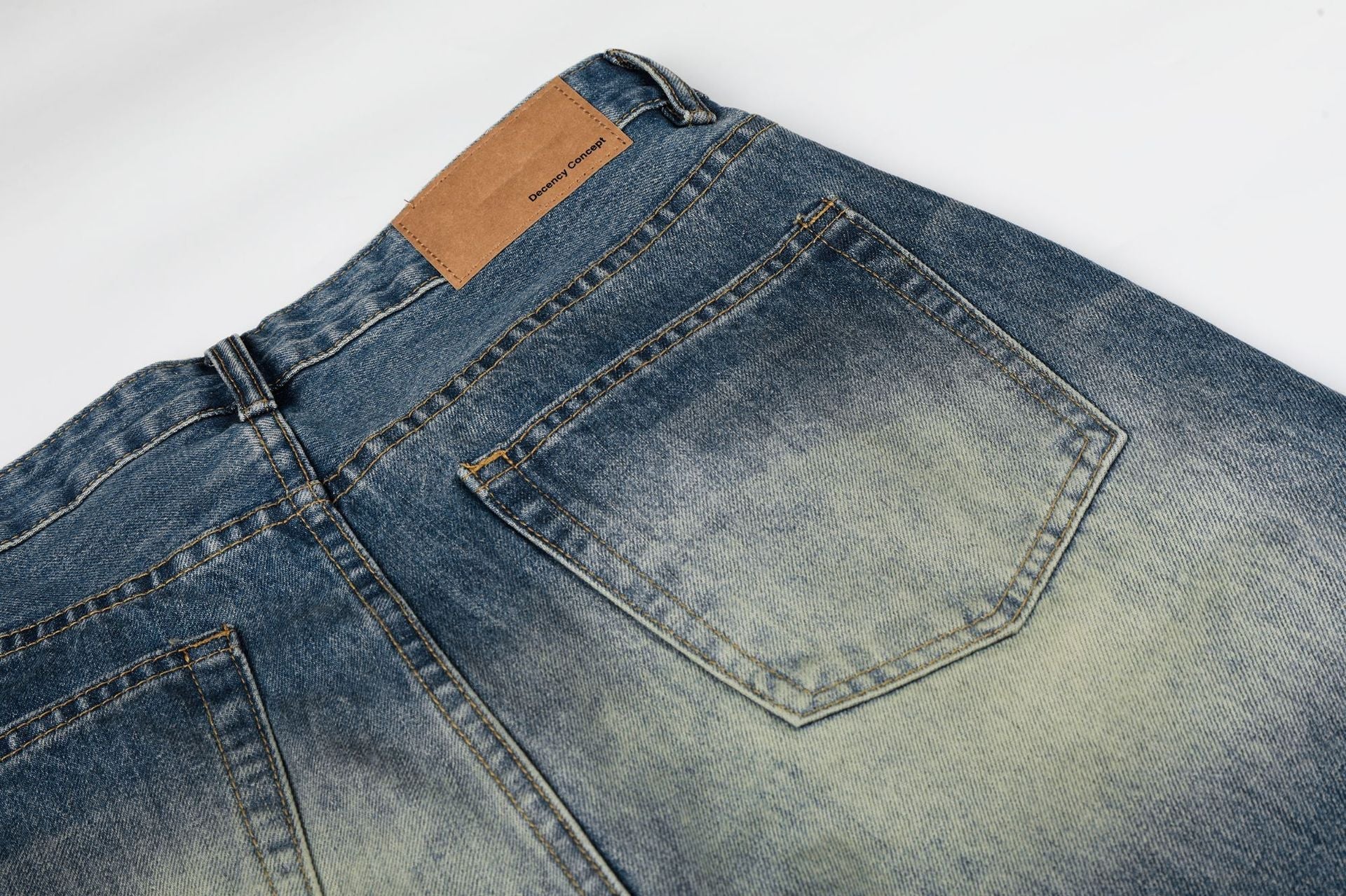 Washed Whisker Damage Wide Leg Denim Jeans