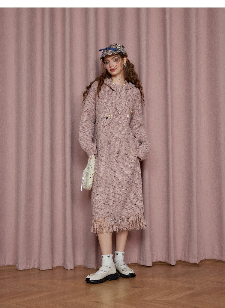 Robe longue ample à manches longues en maille avec capuche