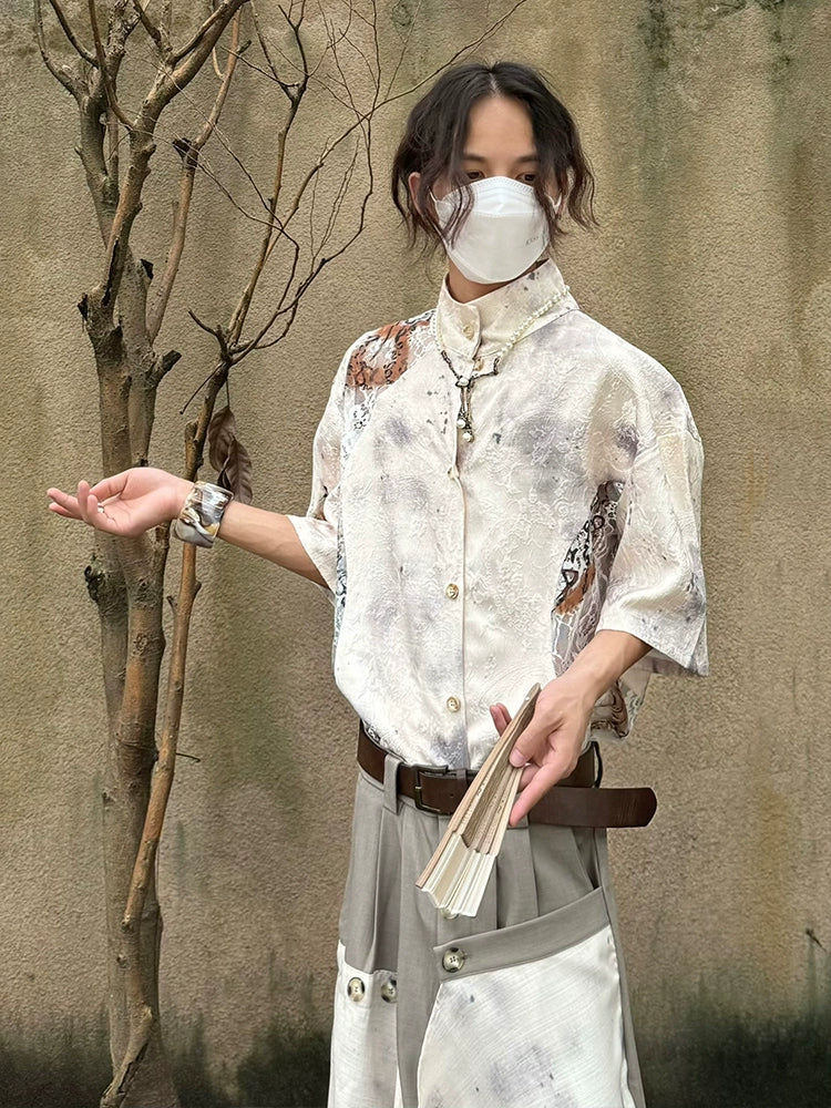 Chinese Style Jacquard Hollow Texture Stand Neck Short Sleeve Shirt