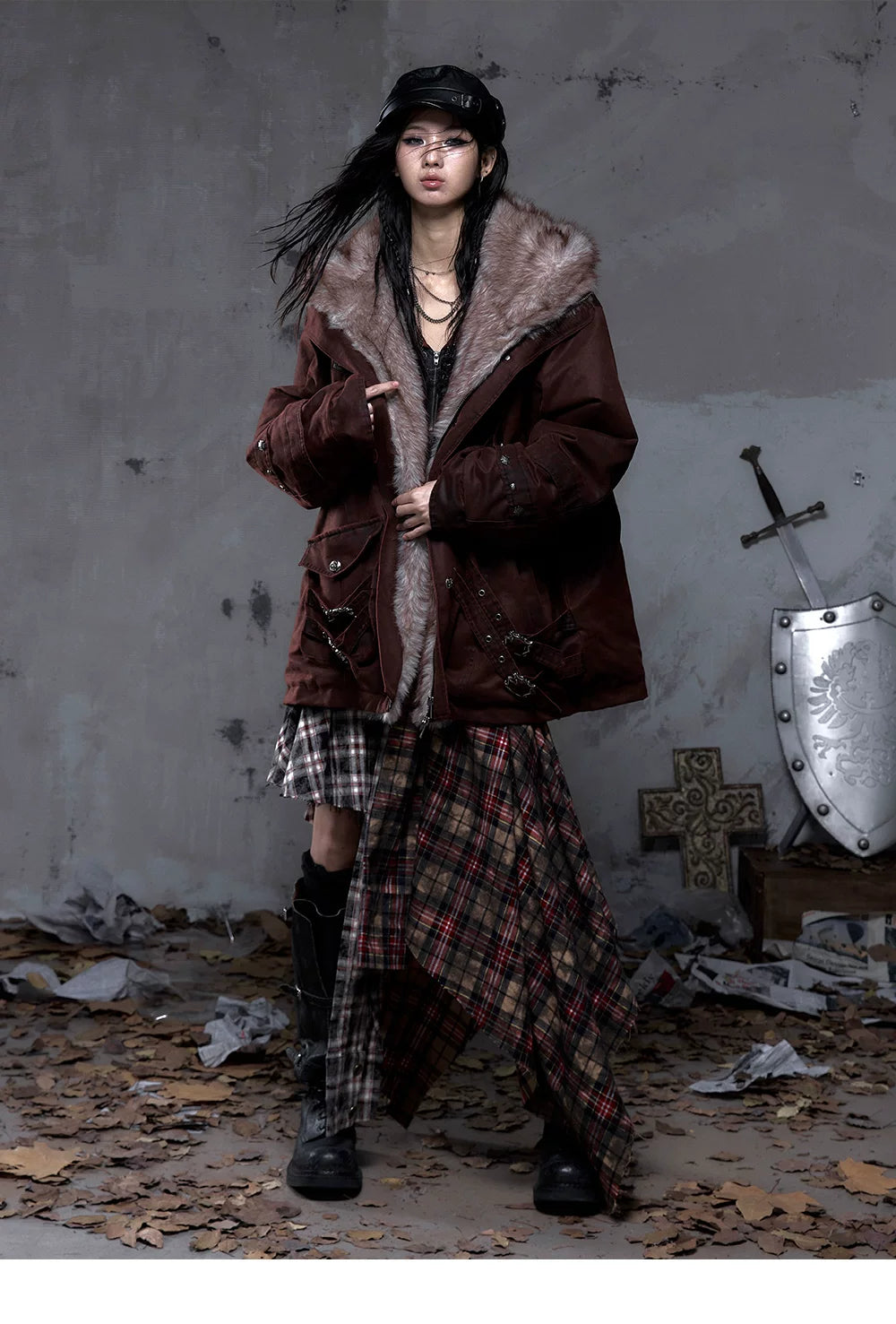 Fake Fur Hooded Multi-Pocket Buckle Detail Jacket