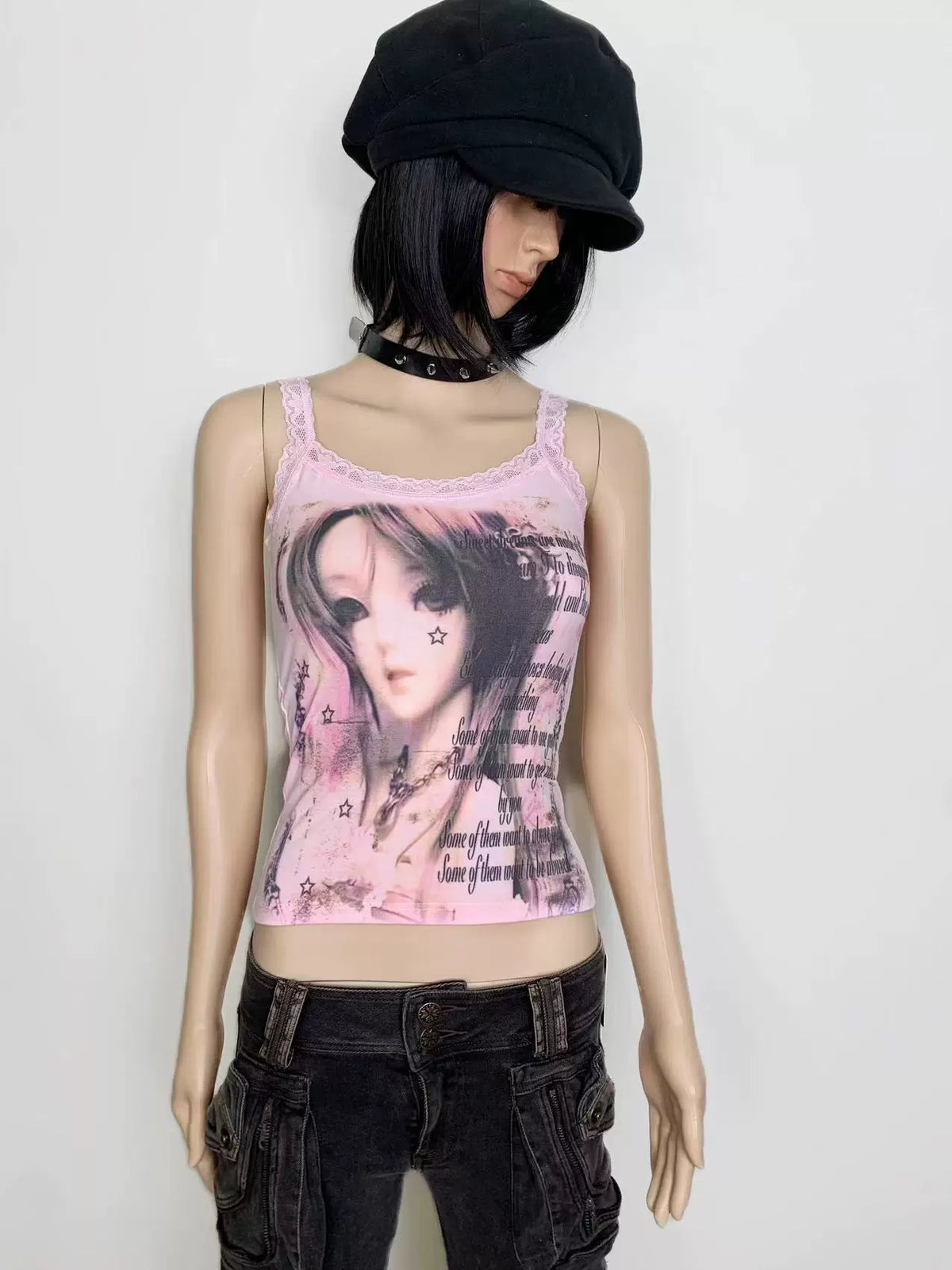 Graffiti Design Lace Tank Top
