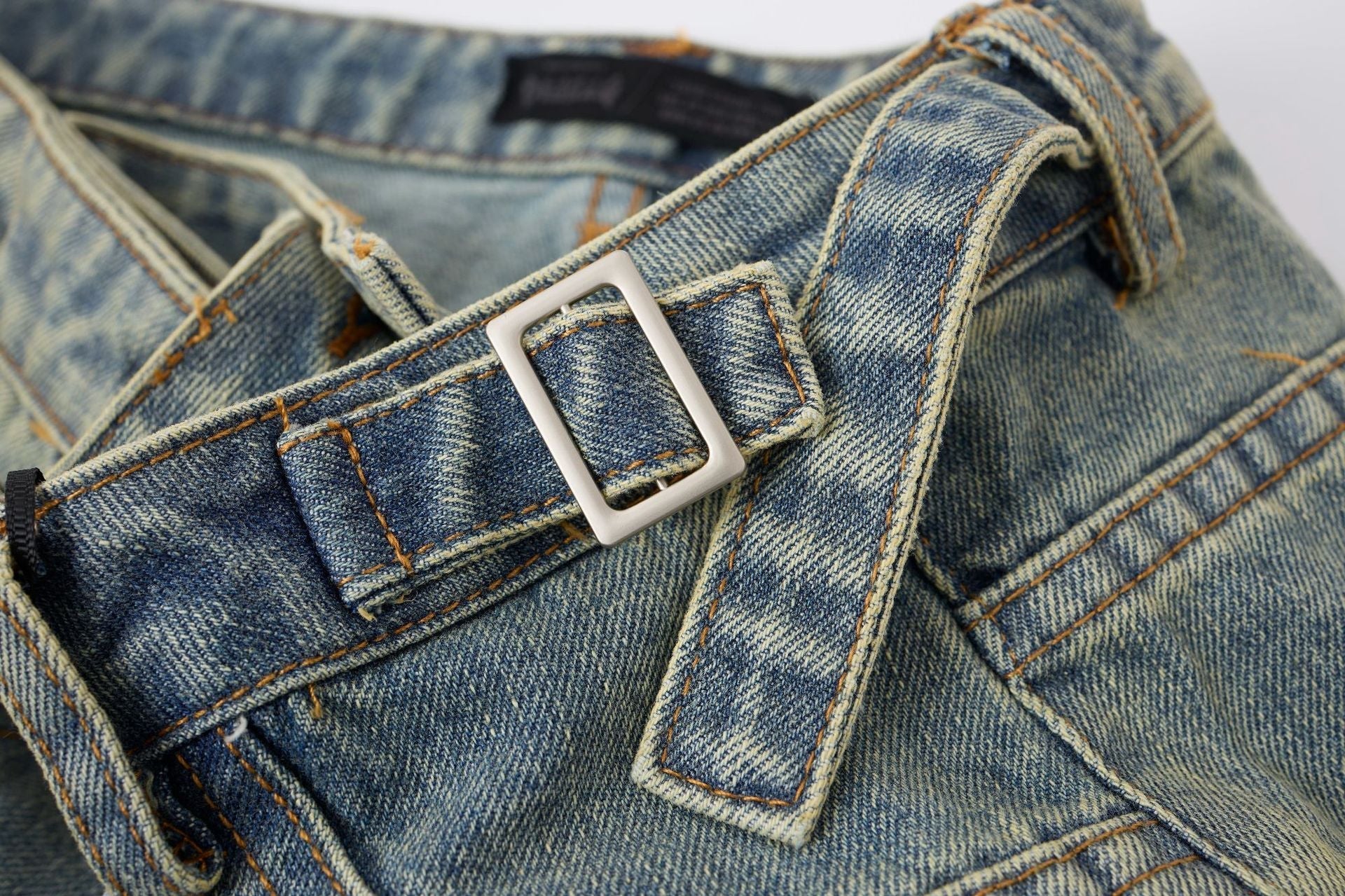 Washed Whisker Metal Buckle Denim Jort