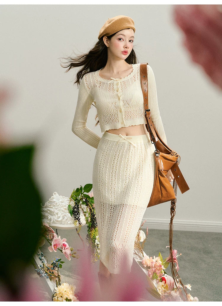 Hollow Out Button Knit Cardigan & Half Skirt Setup