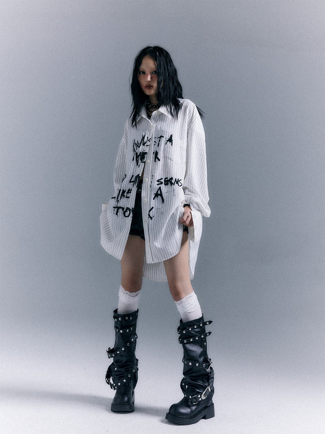Graffiti Print Stripe Oversize Long Sleeve Shirt