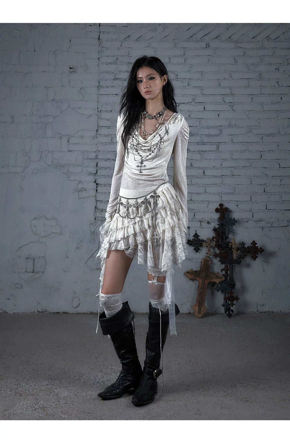 Lace Hooded Asymmetric Ruffle Dress