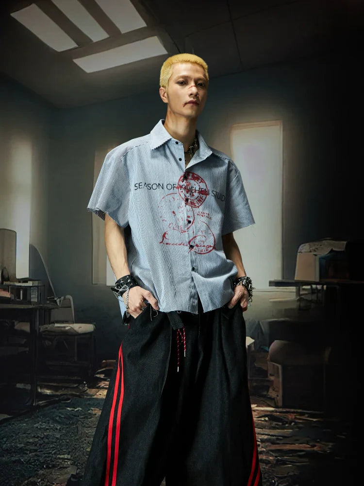 Graphic Letter Print Colorblock Stripe Oversize Short Sleeve Shirt