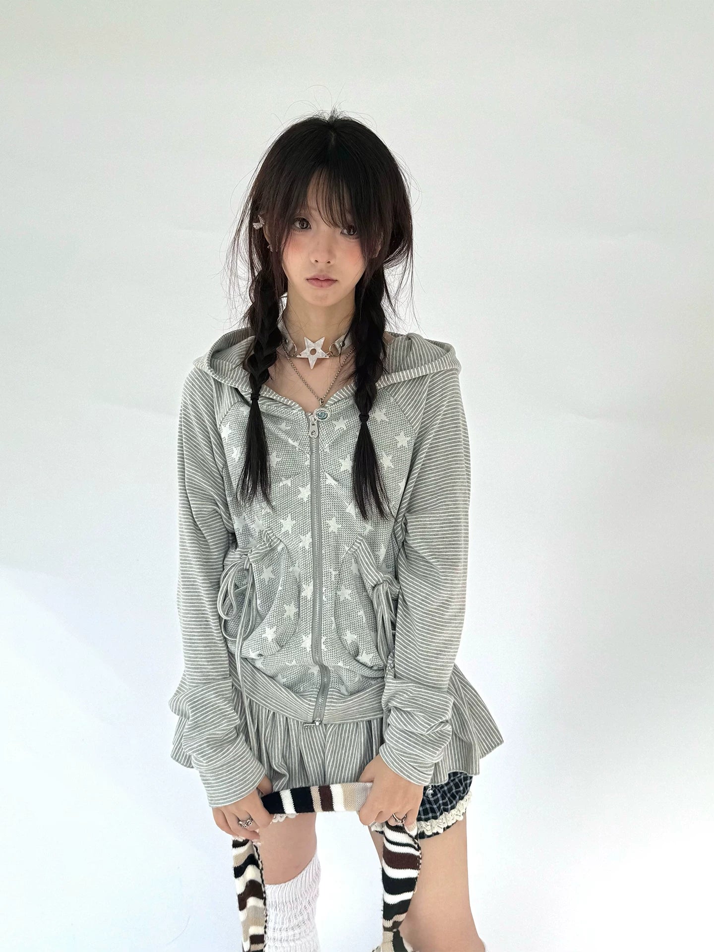 Striped Patchwork Hooded Drawstring Ruffle Jacket & Skirt Setup