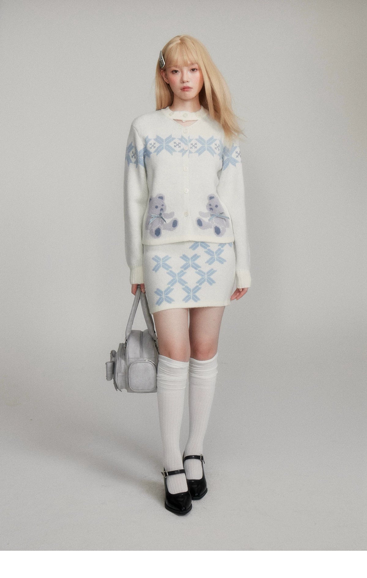 Teddy Bear Snowflake Knit Cardigan & Short Skirt Setup
