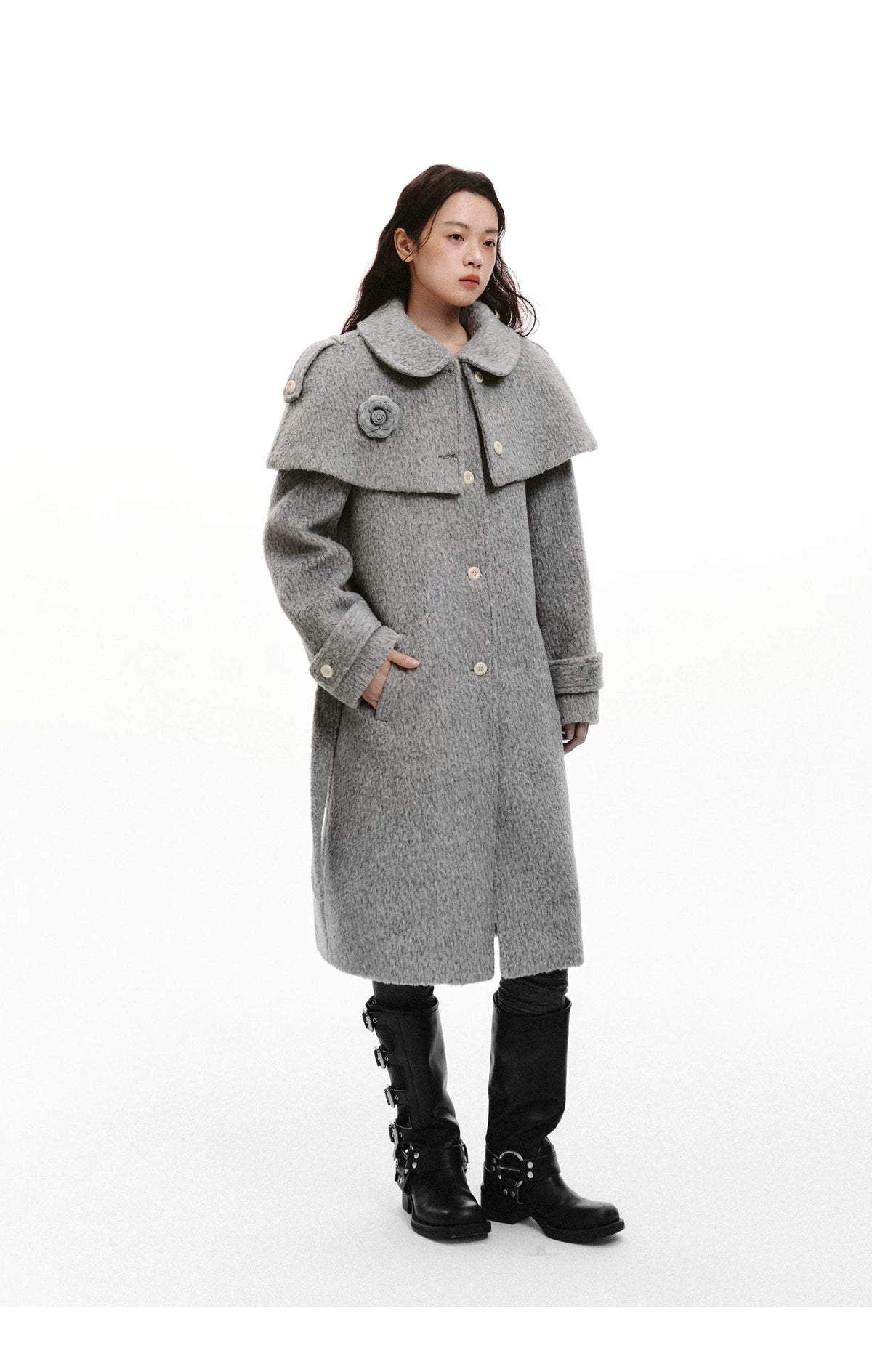 Cape Collar & Flower Detail Belted Coat