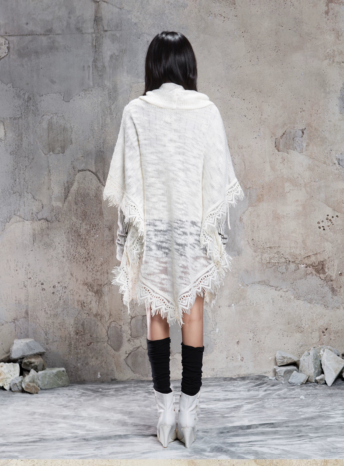 Punk Cross Cape Asymmetric Fringe Knit Sweater