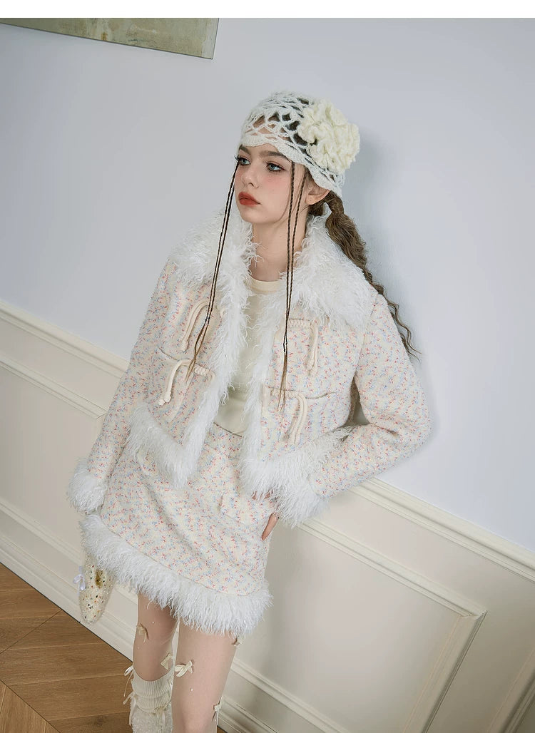 Textured Fake Fur Short Skirt & Jacket Setup