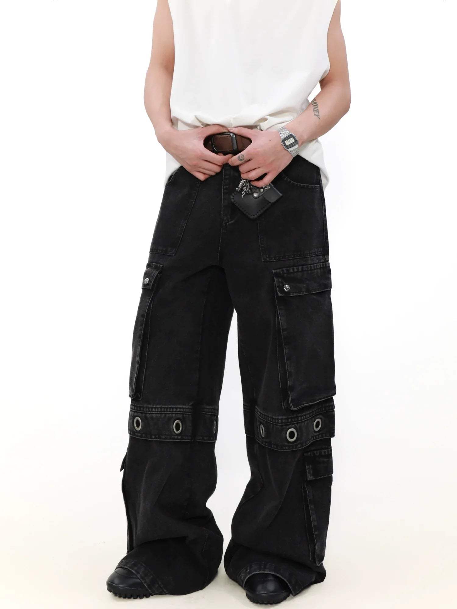 Multi Pocket Wide Leg Straight Cargo Jeans