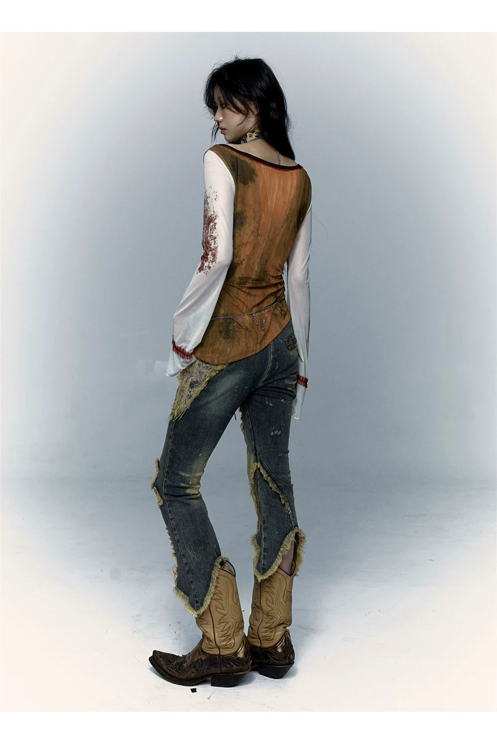 Damage Asymmetric Flare Denim Jeans