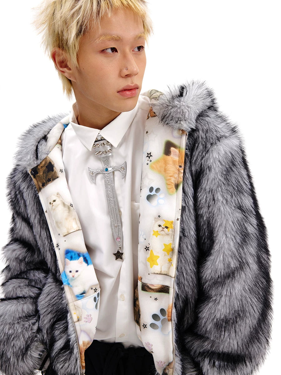 Cat Print Reversible Fur Zipper Jacket