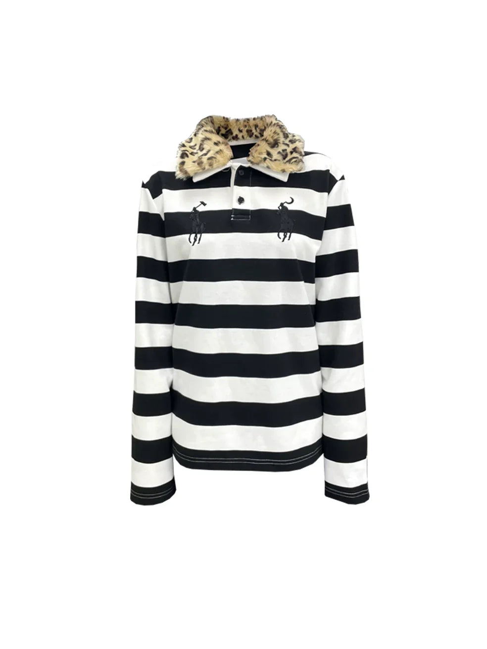 Embroidery Detachable Fur Collar Long Sleeve Polo Shirt
