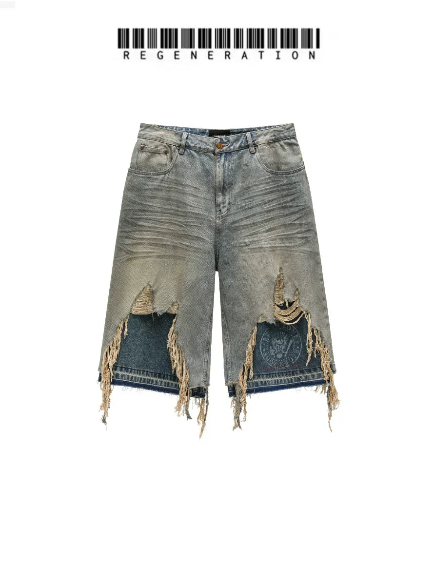 Washed Whisker Patchwork Half Denim Jeans