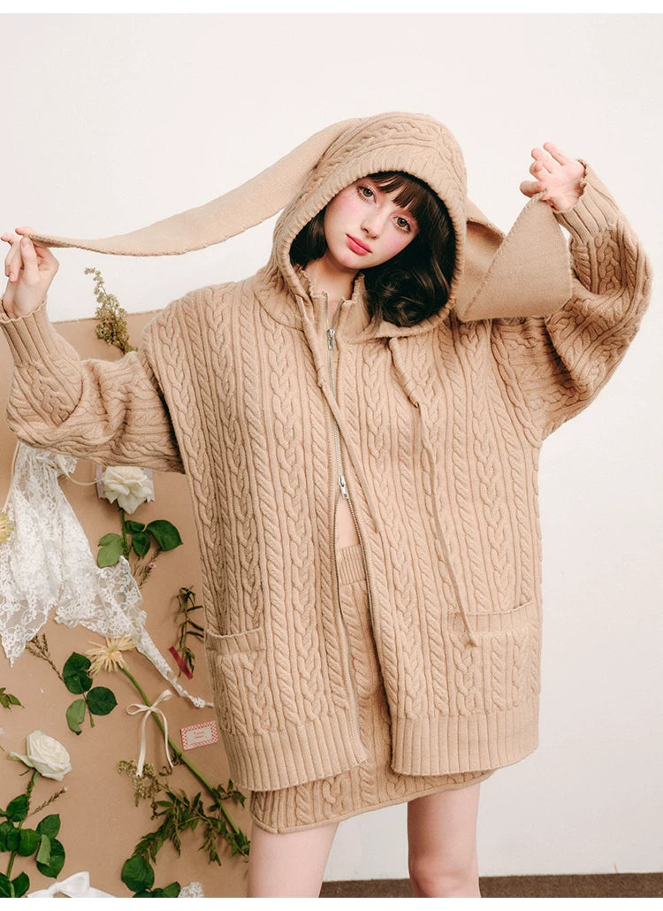 Bunny Hare Ear Hooded Zipper Knit Cardigan & Knit Skirt Setup