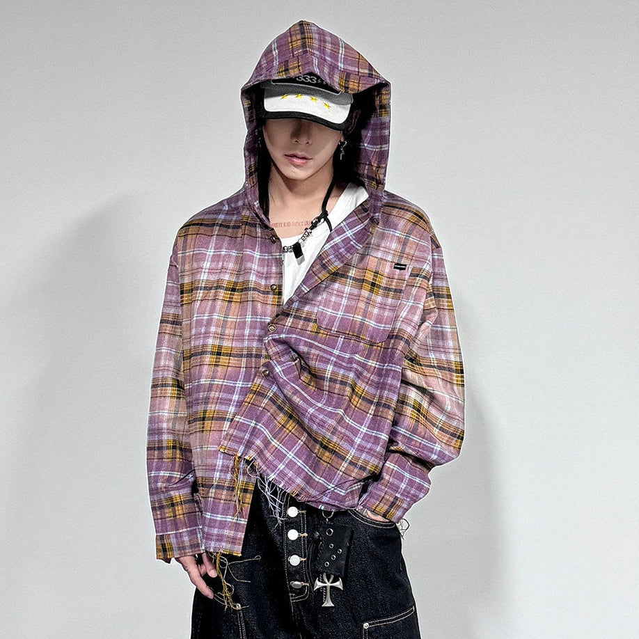 Gradient Plaid Hooded Long Sleeve Shirt