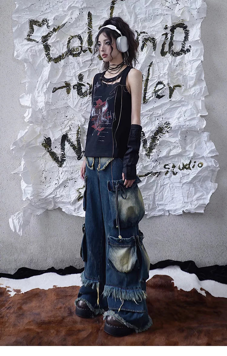 Tie-Strap Graphic Print Tank Top