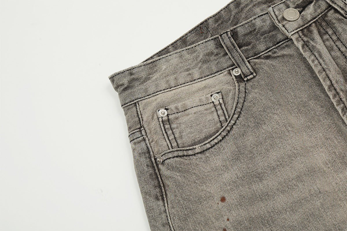 Washed Damage Straight Wide Leg Denim Jeans
