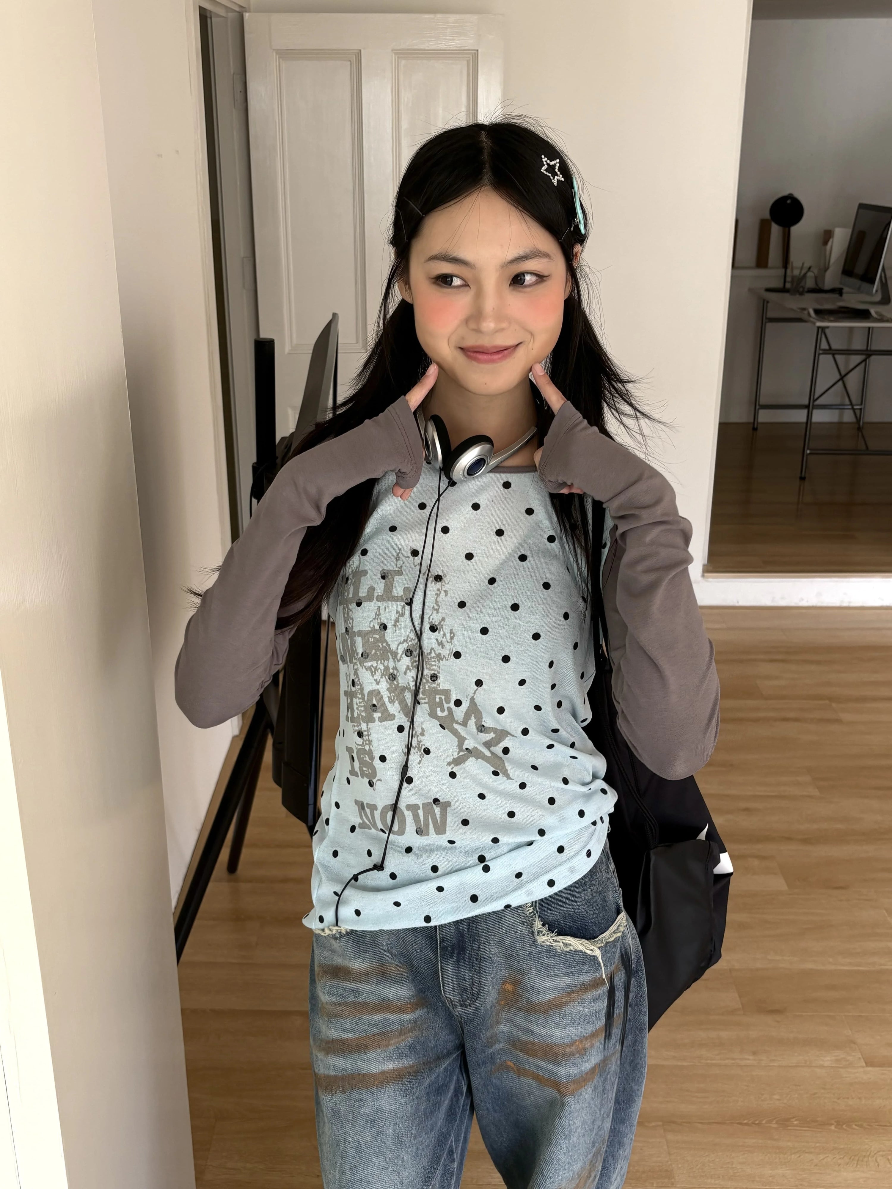 Polka Dot Letter Print Fake Layered Fitted Long Sleeve T-Shirt