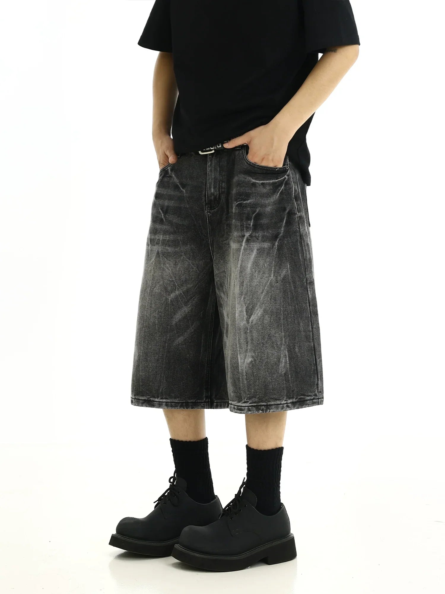 Washed Wide Leg Straight Denim Short Pants