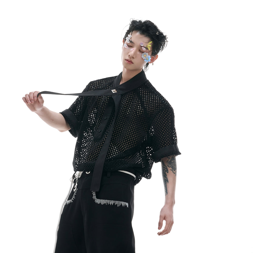 Knit Mesh Necktie Patchwork Short Sleeve Shirt