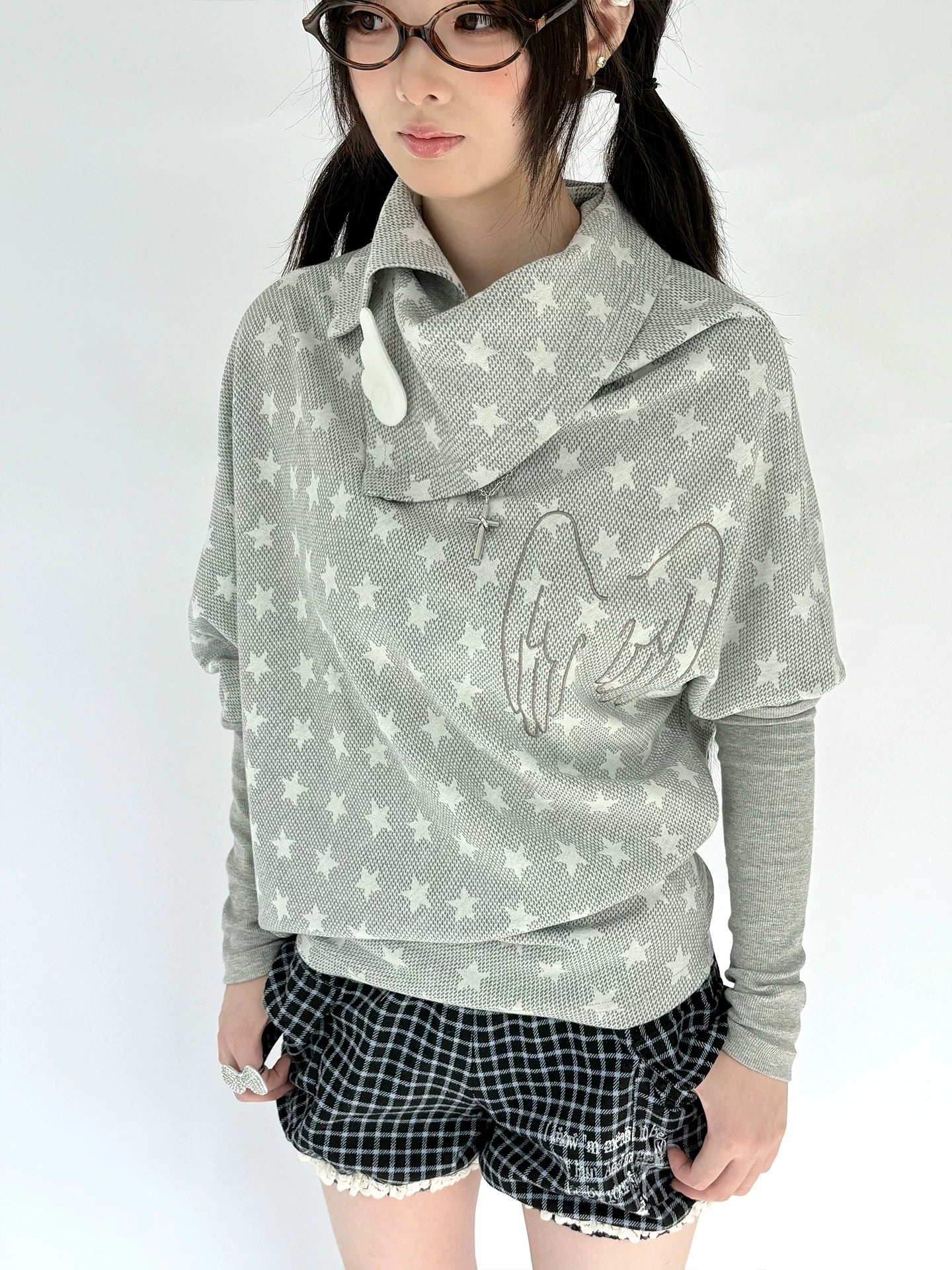 Star Print Asymmetrical High-Neck Long Sleeve T-Shirt