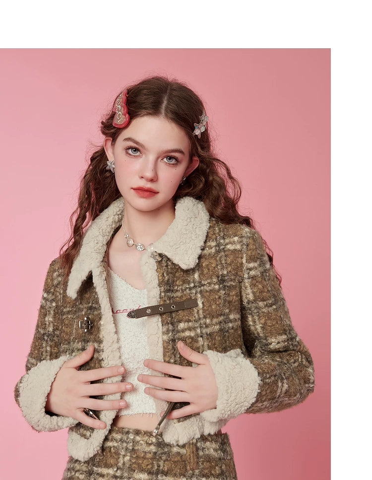 Fake Shearling Short Jacket & Pencil Skirt Setup