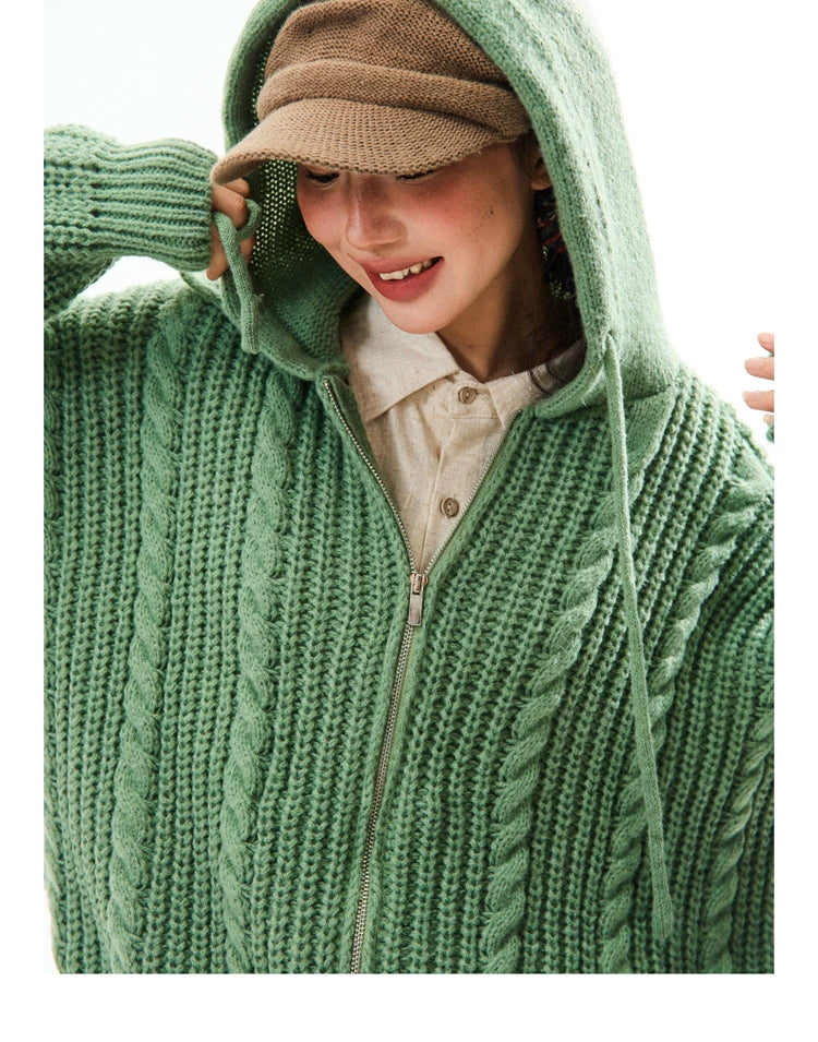Chunky Knit Zipper Hooded Oversize Cardigan