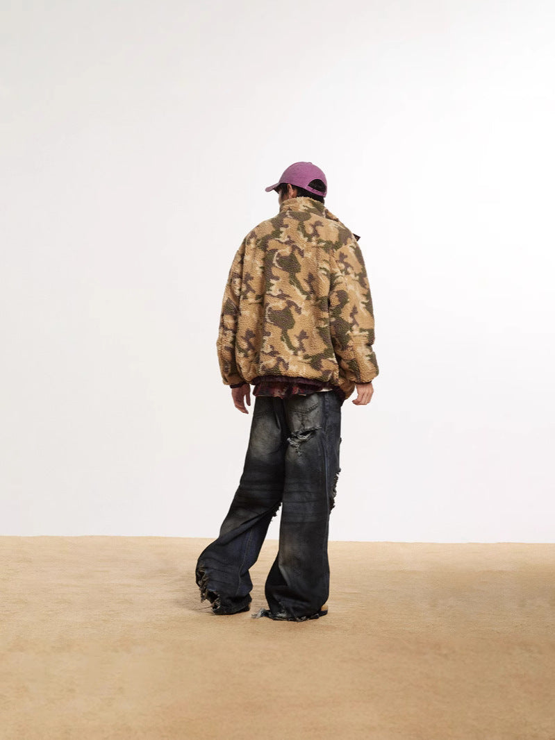 Retro camouflage stand-up collar reversible Thickened Lambswool Jacket