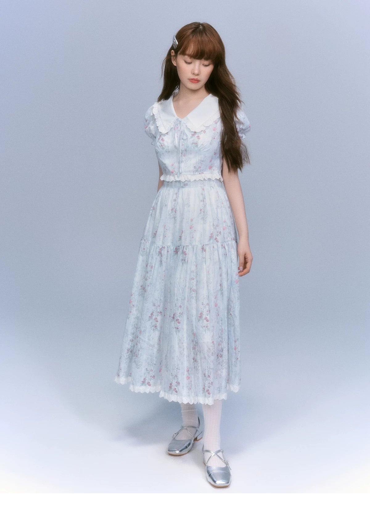 Floral-Print Blouse & Lace Trim Flared Skirt Setup