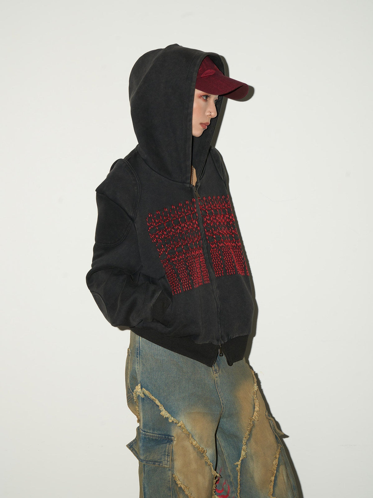 Embroidery Wash Damage Oversize Zipper Hoodie