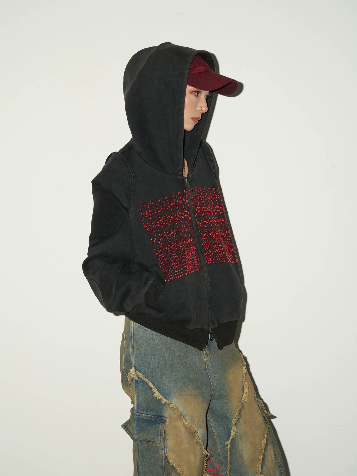 Embroidery Wash Damage Oversize Zipper Hoodie