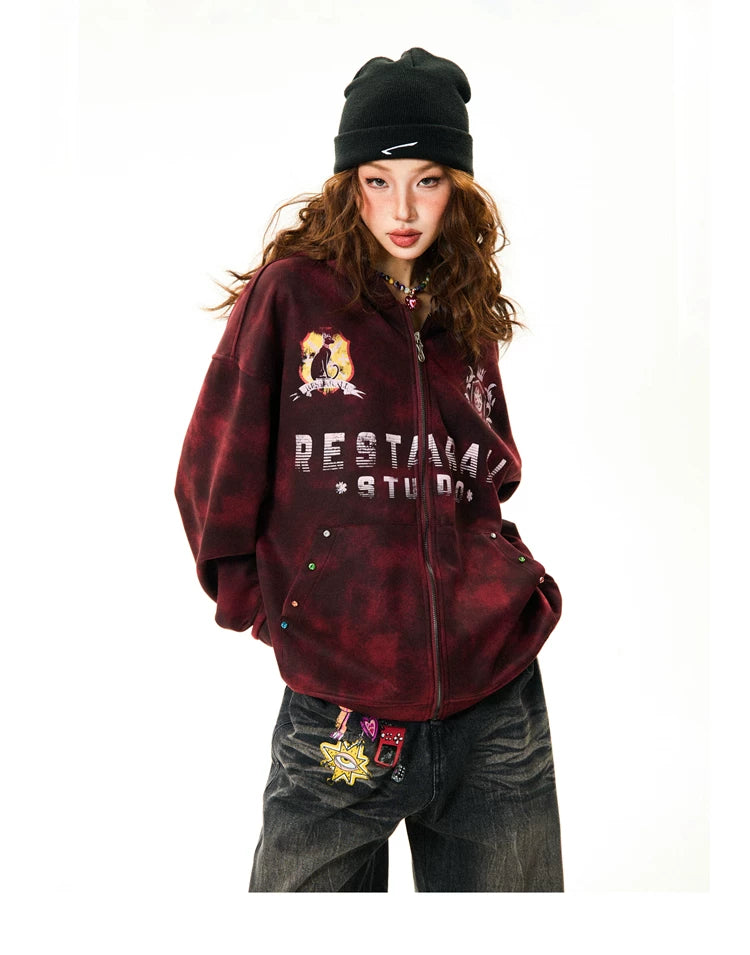 Tie-Dye Letter Print Oversize Zipper Hoodie