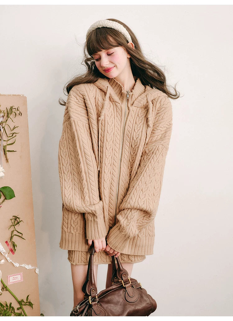 Bunny Hare Ear Hooded Zipper Knit Cardigan & Knit Skirt Setup