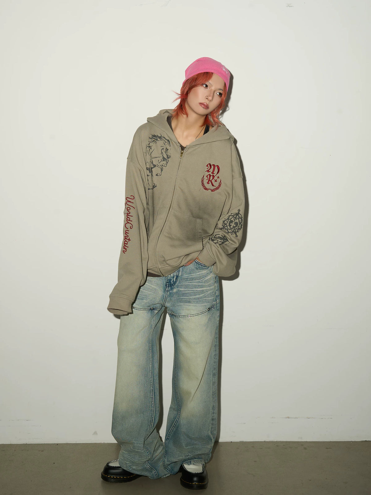 Embroidery Damage Zipper Hoodie