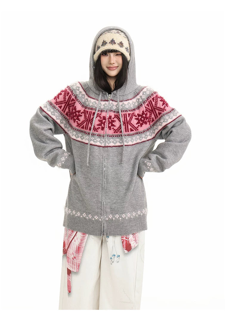 Fur Collar Fair Isle Hooded Knit Cardigan
