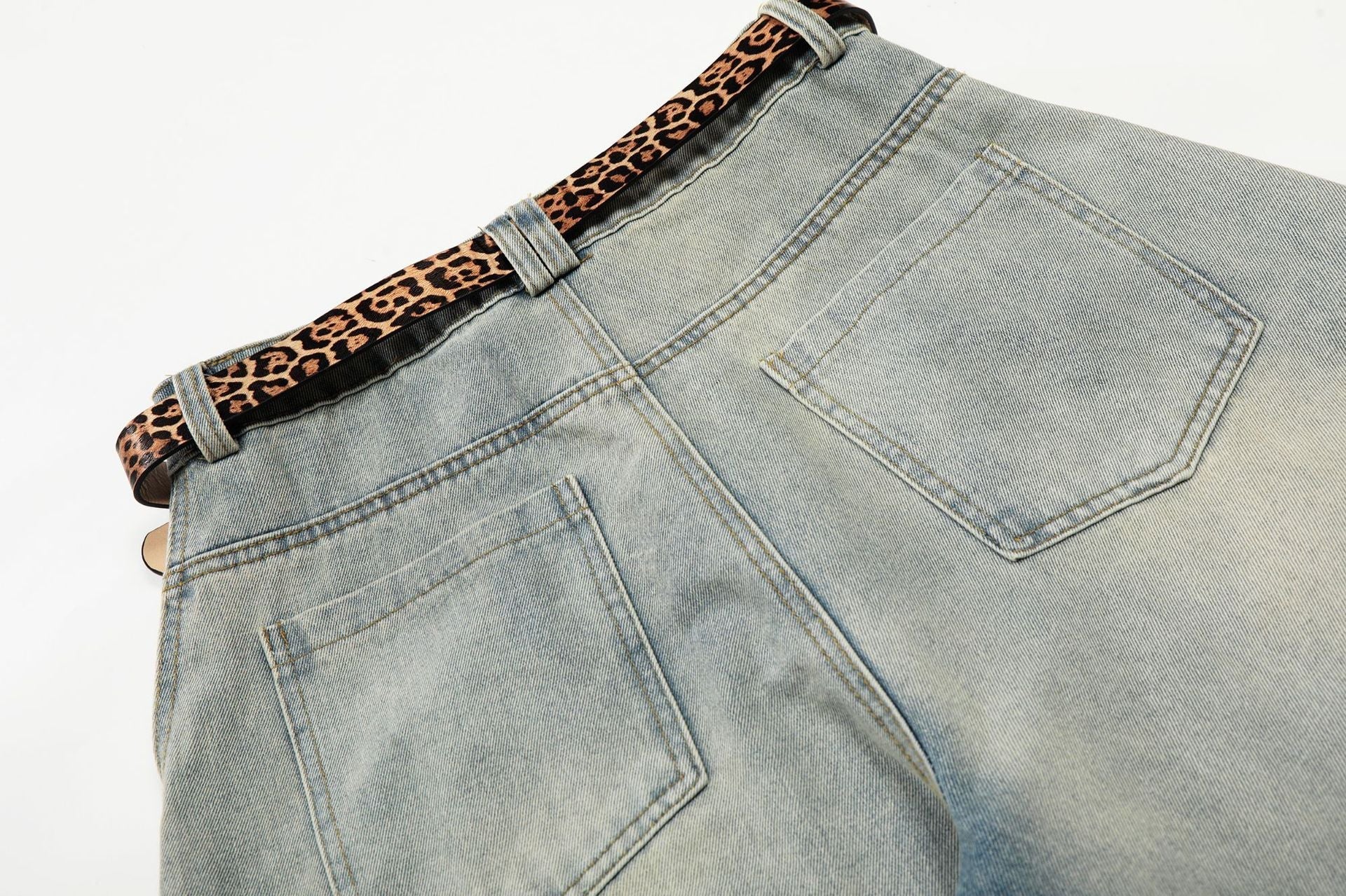 Washed Damage Panel Curved Denim Jeans
