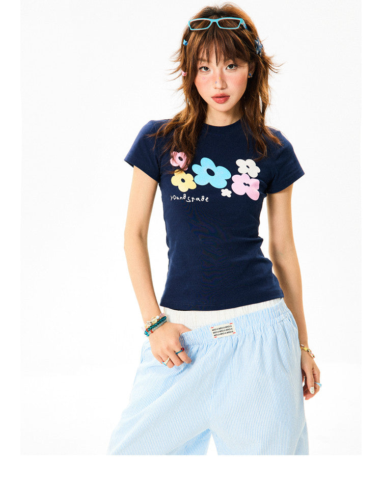 Flower Print Cropped Short Sleeve T-Shirt
