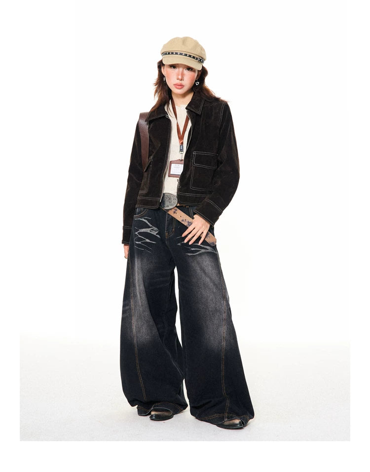 Washed Scratch Detail Wide Leg Denim Jeans