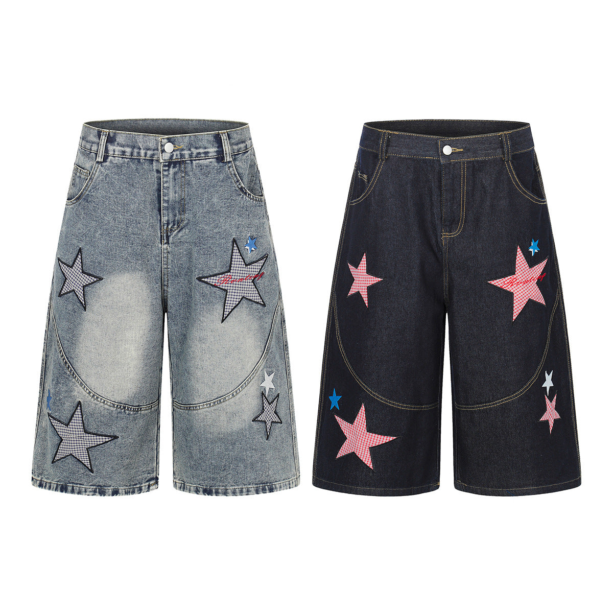 Star Patch Embroidery Denim Wide Leg Jort