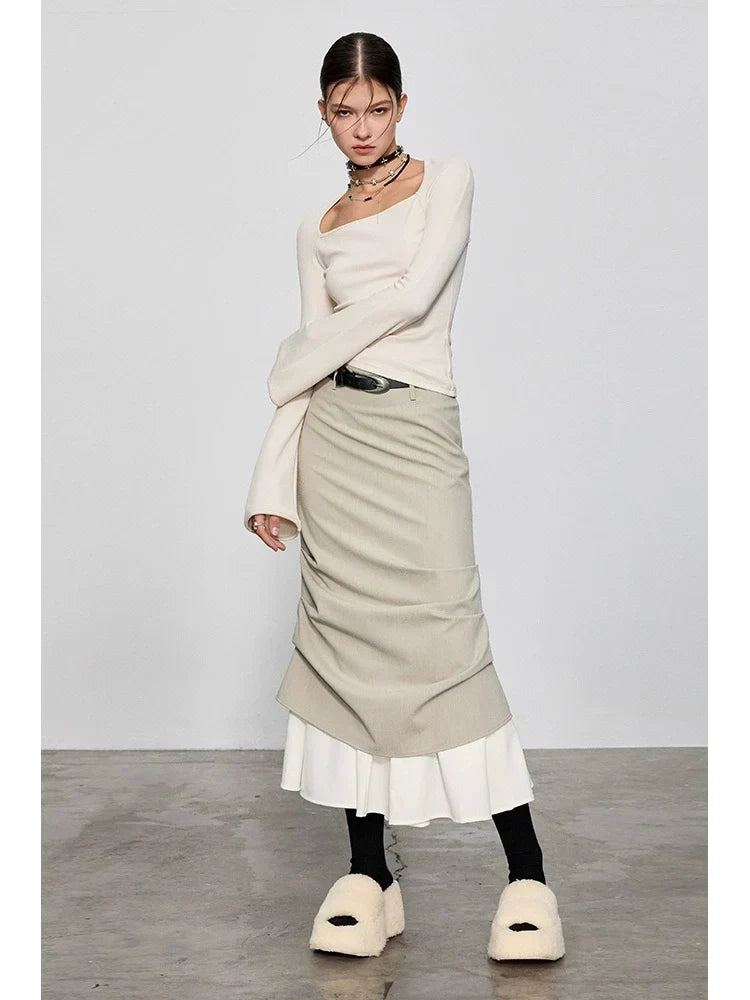 Double Layered Pleated Patchwork Skirt