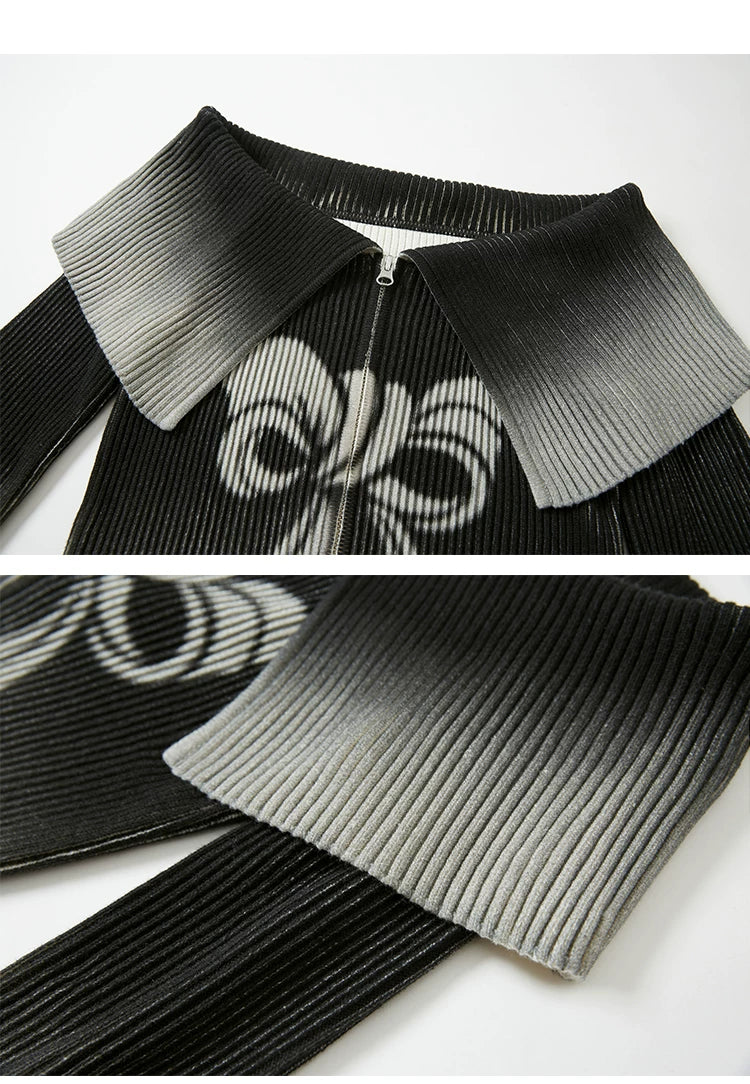 Bow Gradient Print Zipper Knit Sweater