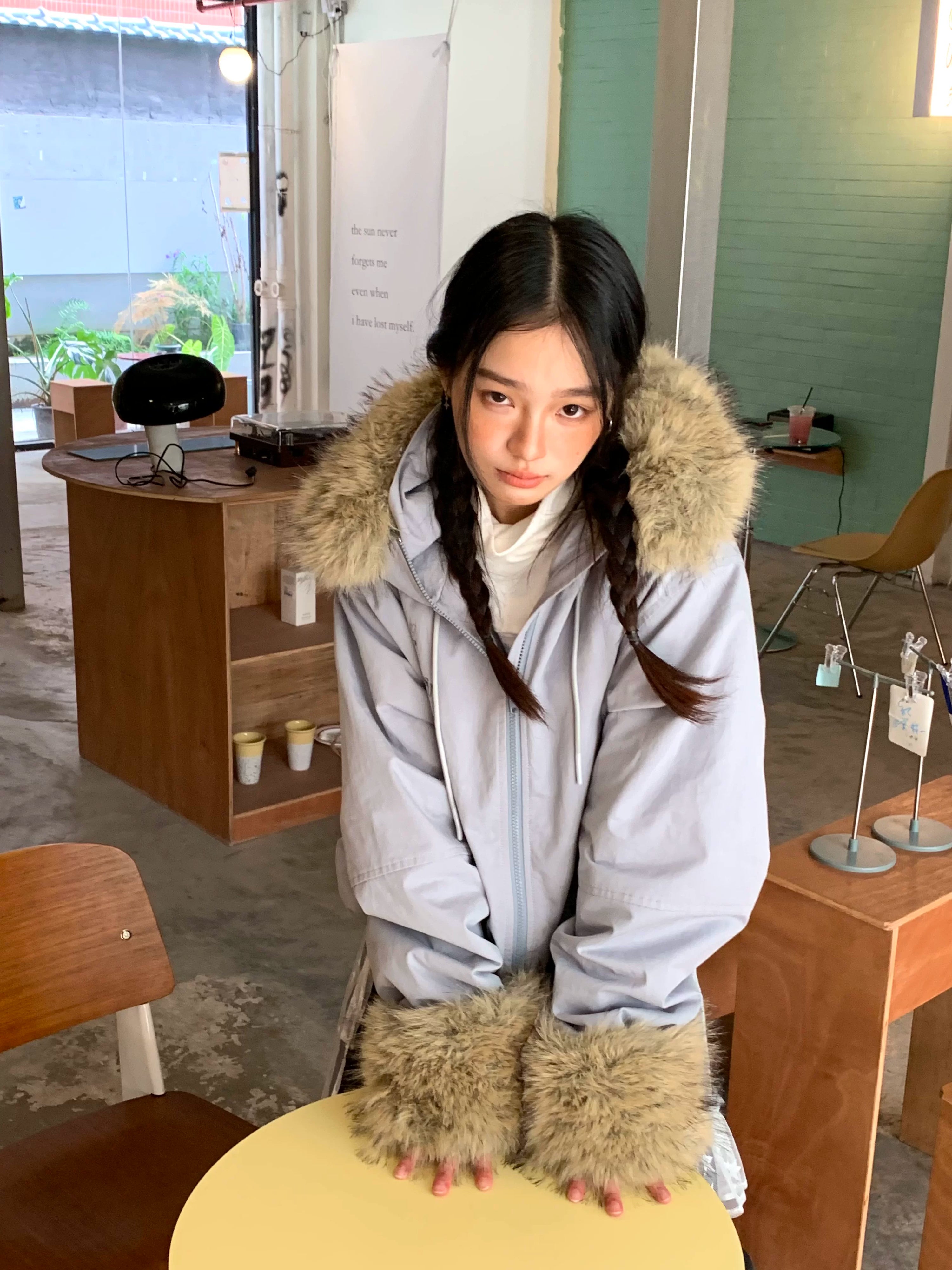 Fake Fur Trim Graphic Print Oversize Hooded Jacket