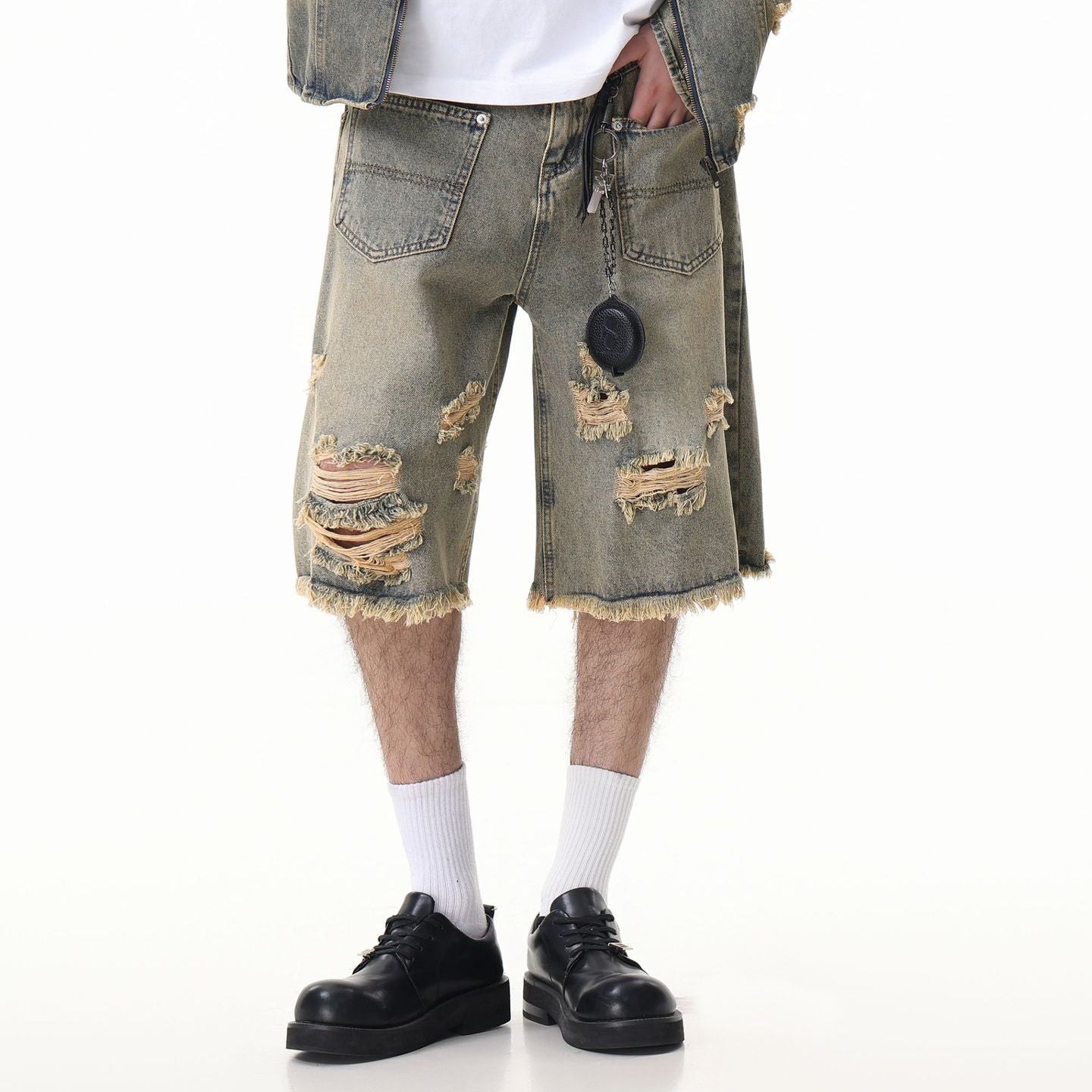 Washed Damage Wide Leg Denim Short Pants