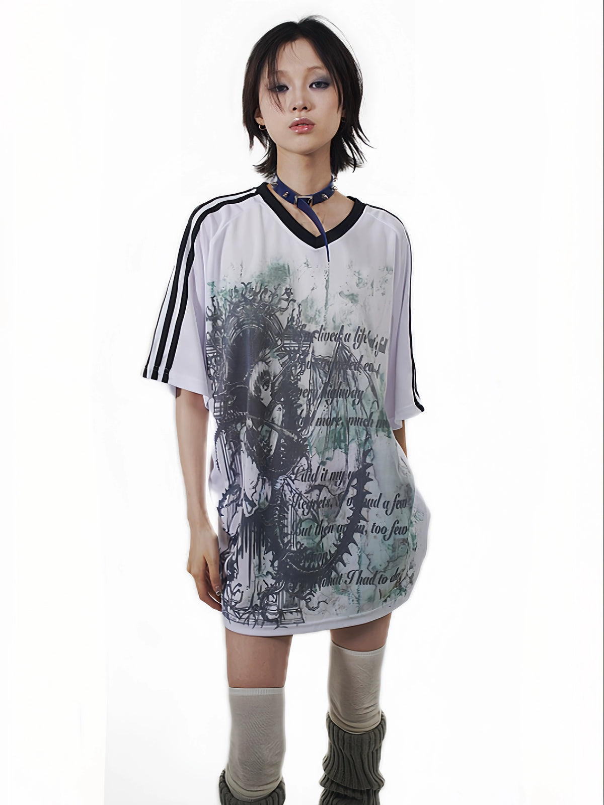 Anime Print Oversize V-Neck Short Sleeve T-Shirt